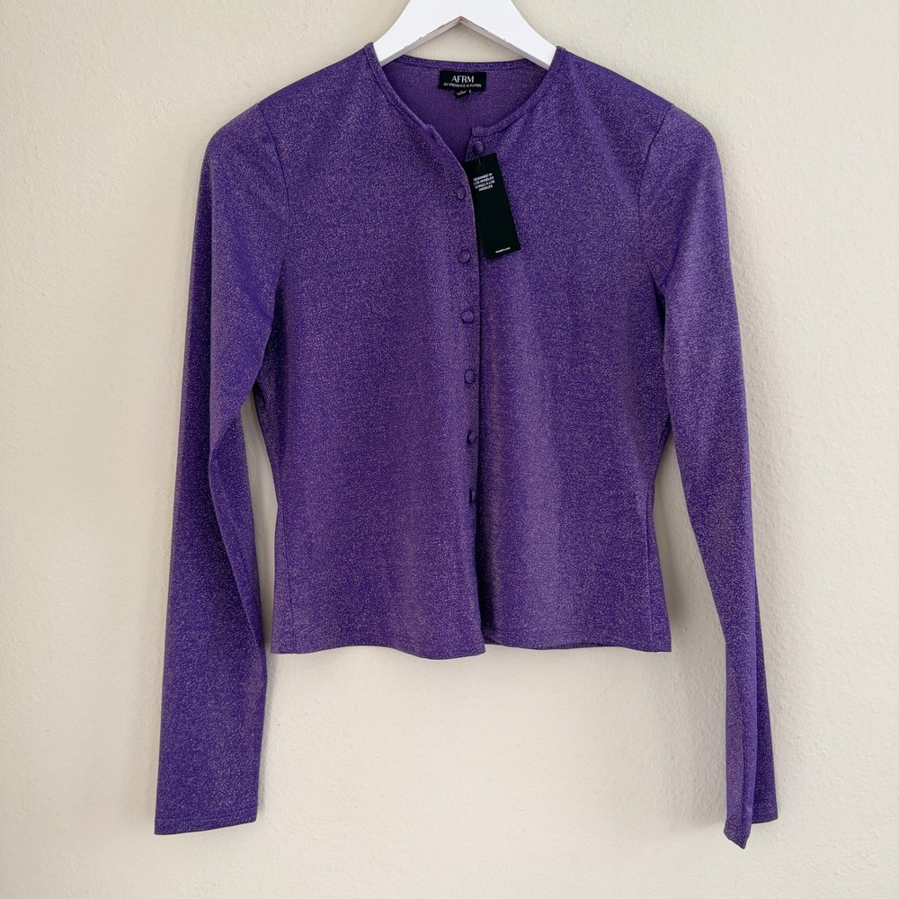 AFRM Purple Metallic Shimmer Button Front Long Sleeve Top Size Large- Cropped